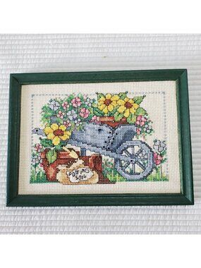 Garden Wheelbarrow Cross Stitch 7.5x5.5 Framed Handmade Sunflower Cottagecore
